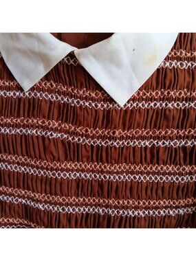 Vintage Girls 8 Dress 1970's J.C. Penney Brown Smocked White Collar & Cuffs Mod